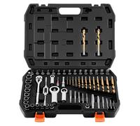Juego de extractores de tornillos, 63 piezas, que incluye extractores de tuercas y pernos, separadores de tuercas, machuelos, brocas, llaves y adaptadores, todo en un estuche de almacenamiento resiste