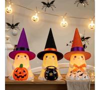 Juego de figuras de resina de Halloween, lindos espíritus con caras expresivas, coloridos sombreros negros, naranjas, morados, decoración de mesa de 13 cm, para estantes de oficina, chimeneas