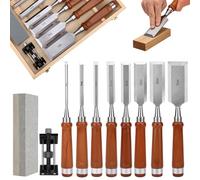Juego de Formones para Madera Profesional, 10 Cinceles de Carpintería (6-50mm) con Mango de Madera, Piedra de Afilar, Guía y Caja de Almacenamiento | Herramientas para Tallar y Bricolaje
