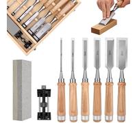 Juego de Formones para Madera Profesional, 6 Cinceles de Carpintería (6-38mm) con Mango de Madera, Piedra de Afilar, Guía y Caja de Almacenamiento | Herramientas para Tallar y Bricolaje