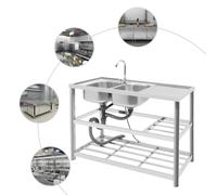Juego de fregadero comercial para cocina de restaurante con encimera y estantes de almacenamiento dobles, fregadero de acero inoxidable independiente de doble tazón, lavabo de 2 compartimentos con
