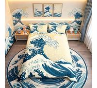 Juego de Funda de edredón con Olas de mar y océano,Juego de náutica con Motivos japoneses Dibujados a Mano,ilustración Ondulada,Funda de edredón con Cierre de Cremallera,King, Azul Crema