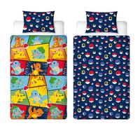 Juego de Funda de edredón Infantil con Licencia Oficial de Pokemon | Pikachu Bulbasaur Charmander Squirtle diseño Reversible de 2 Caras con Funda de Almohada a Juego | Juego de Cama Individual para