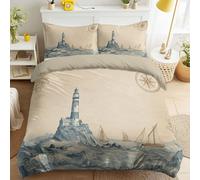 Juego de funda de edredón retro náutica tamaño Queen para adultos, niños y niñas, juego de ropa de cama de 3 piezas con 2 fundas de almohada, diseño de faro del océano, velero, brújula, ultrasuave