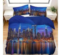 Juego de Funda Nórdica Cama 105/135 Vista Nocturna De La Ciudad De Nueva York 180x220 cm Funda de Edredón Suave y Sin Plancha con 2 Funda de Almohada 50x75 cm, Juego de Cama Polialgodón