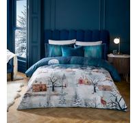 Juego de Funda nórdica Paoletti Starlight - Lujosa Ropa de Cama Winter Village con Ribete de satén de algodón de 200 Hilos (Azul Medianoche - Individual)