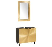 Juego de gabinetes de baño 2pcs Negro y Latón 62 x 33 x 58 cm | Madera de mango macizo,acentos de latón,puertas con bisagra,manijas de tazón,espejo incluido,montaje fácil
