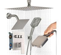 Juego de grifo de ducha, sistema de ducha de lluvia con montaje en techo de 305 mm, con cabezal de pared de 152 mm y rociador de mano 4 en 1, cabezal de ducha doble giratorio con 3 funciones, válvula 