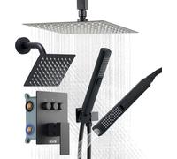 Juego de grifo para ducha, sistema de ducha de lluvia con montaje en techo de 254 mm, con cabezal de pared de 152 mm y rociador de mano 2 en 1, válvula y kit de accesorios de latón con dos cabezales d