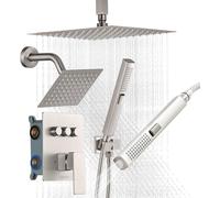 Juego de grifo para ducha, sistema de ducha de lluvia con montaje en techo de 254 mm, con cabezal de pared de 152 mm y rociador de mano 2 en 1, cabezal de ducha doble giratorio con 3 funciones, válvul
