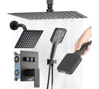 Juego de grifo para ducha, sistema de ducha de lluvia con montaje en techo de 305 mm, con cabezal de pared de 152 mm y rociador de mano 4 en 1, válvula y kit de accesorios de latón con dos cabezales d