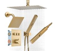 Juego de grifo para ducha, sistema de ducha de techo termostático de 305 mm con cabezal de lluvia de montaje en pared de 152 mm y rociador de mano 2 en 1, kit de válvula de latón de doble cabezal de l