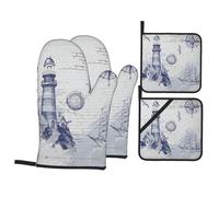Juego de guantes de horno y soportes para ollas con estampado de brújula náutica, aptos para microondas, guantes resistentes al calor para barbacoa, cocinar, hornear