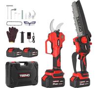 Juego de herramientas de jardín 2 en 1 TEENO: Mini motosierra inalámbrica de 15 cm + tijeras de podar eléctricas, inalámbricas, de 0 a 40 mm, 2 baterías de 4,0 Ah