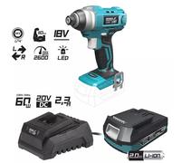 Juego de herramientas eléctricas de 18V que incluye: taladro de impacto, batería de 2.0Ah y cargador. Marca: DEDRA SAS+ALL, modelo: DED7029