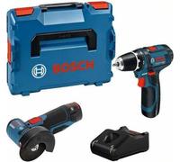 Juego de herramientas inalámbricas Bosch, que incluye: GSR 12V-15 (taladro/atornillador), GWS 12V-76 (amoladora angular), 2 baterías de 2Ah, 12V, y maletín L-BOXX