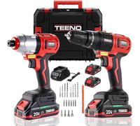 Juego de herramientas TEENO de 20V, que incluye un taladro percutor de 0-1450 RPM y un atornillador de impacto de 0-3300 RPM, con motor sin escobillas, 2 niveles de velocidad y 2 baterías de 1,5 A