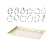 Juego de Horneado de 13Pzs - Bandeja de horno 41x28x3cm + 12 Cortadores de Galletas en acero inox de color Champán