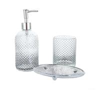 Juego de jabón de vidrio sin plomo Juego de jabón de vidrio sin plomo de 3 | Patrón único de diamante elevado, elegante atractivo visual, acabado transparente transparente, actualización de baño