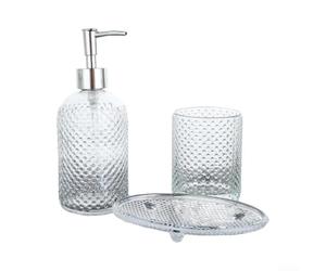 Juego de jabón de vidrio sin plomo Juego de jabón de vidrio sin plomo de 3 | Patrón único de diamante elevado, elegante atractivo visual, acabado transparente transparente, actualización de baño