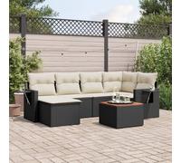 Juego de jardín de 7 piezas con cojines, ratán PE negro, mesa de madera de acacia, muebles de jardín modulares con almacenamiento y mesa auxiliar plegable