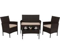 Juego de jardín de polirratán HWC-N98, conjunto de asientos tipo lounge, con estructura de metal, superficie de vidrio, y tapicería de tela/textil (180g/m²), color marrón, con cojines color crema