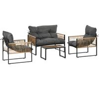 Juego de jardín de ratán de 4 piezas con cojines, que incluye: un grupo de asientos para jardín, una mesa de centro de vidrio, 2 sillones y un sofá de dos plazas. Elegante conjunto de mobiliario para 