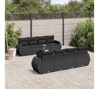 Juego de jardín modular de 9 piezas con cojines, ratán PE negro, mesa de jardín con tapa de cristal, caja de almacenamiento con bolsa impermeable, fundas extraíbles lavables