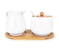 Juego de leche y azúcar, jarra de leche blanca de porcelana y azucarero con tapa y cuchara, recipiente de cerámica para leche y azucarero con bandeja para cocina y café, apto para lavavajillas y