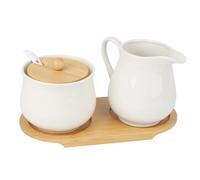 Juego de Leche y Azúcar,Juego de Porcelana para Servir Café y Té con Tapa y Cuchara, Azucarero y Jarrita con Soporte Madera,Apto para microondas y lavavajillas (Blanco)