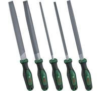 Juego de limas, 5 piezas, acero de carburo, número de dientes intermedio, mangos Softgrip, formatos: redonda, semicircular, plana, triangular, cuadrada