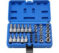 Juego de llaves de vaso Torx Star de 34 piezas con juego de llaves CRV E E4-20 y E Torx S2 T10-60/puntas a prueba de manipulaciones TT10-TT55 y adaptador 5/16"F a 3/8"M