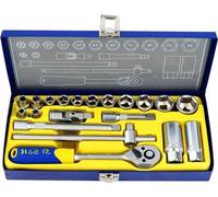 Juego de llaves y dados de 20 piezas, de 3 a 8 pulgadas, en estuche metálico. Incluye tornillos oxidados. Caja de trinquete. Acero vanadio-cromo. Marca: S&R