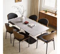 Juego de mesa de comedor de mármol gris de 160 cm con 6 sillas, piedra sinterizada impermeable resistente al calor, fácil de limpiar, acero al carbono, ideal para uso diario y comedor elegante