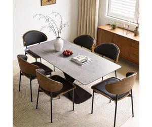 Juego de mesa de comedor de mármol gris de 160 cm con 6 sillas, piedra sinterizada impermeable resistente al calor, fácil de limpiar, acero al carbono, ideal para uso diario y comedor elegante