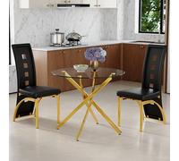 Juego de mesa de comedor de vidrio templado de 88 cm con 2 sillas de comedor de cuero sintético negro, patrón geométrico de agujeros, juego compacto de 1 mesa y 2 sillas para apartamentos pequeños