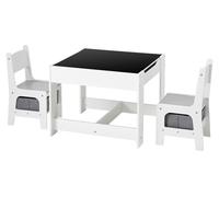 Juego de mesa infantil y 2 sillas, juego de mesa y silla para niños pequeños con espacio de almacenamiento debajo de la mesa, caja de almacenamiento de tela debajo de las sillas, escritorio de madera