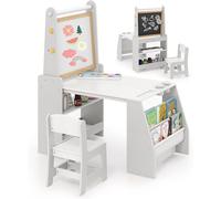 Juego de mesa y silla infantil de madera con caballete, mesa de dibujo para niños con pizarra de doble cara, rollo de papel, bolsas de almacenamiento, juego de mesa y silla para niños y niñas a partir