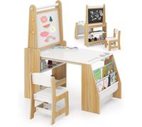 Juego de mesa y silla infantil de madera con caballete, mesa de dibujo para niños con pizarra de doble cara, rollo de papel, bolsas de almacenamiento, juego de mesa y silla para niños y niñas a partir