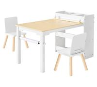 Juego de mesa y silla para niños, mesa de manualidades para bebés con armario de almacenamiento de 3 niveles, escritorio de actividades de madera para niños con 2 sillas, mesa de juegos y manualidades