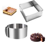 Juego de moldes para tartas ajustables Unyqoos®, de 2 piezas: 1 redondo de Ø 16–30 cm (alto 8,5 cm, con escala) + 1 rectangular de 15–28 cm, de acero inoxidable, para tartas y pasteles