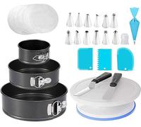 Juego de moldes para tartas desmontables de Silecomplaza, junto con un plato giratorio para tartas y kits de decoración, en tamaños de 10,2 cm, 17,8 cm y 22,9 cm, que incluye 50 piezas de papel para t