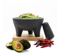 Juego de mortero y pilón de roca volcánica tradicional molcajete mexicano, hecho a mano de auténtica roca de lava en Puebla, México, cuenco para guacamole, tabla de cortar incluida, molcajete bowl de