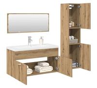 Juego de Muebles de Baño Madera Procesada Roble | Lavabo, fregadero, montaje en pared, mezclador, desagüe emergente, función de desbordamiento, almacenamiento
