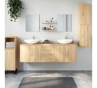 Juego de Muebles de Baño Madera Trabajada Roble Montado En Pared | 7 partes,madera trabajada,roble,montado en la pared,espejo,trastero,hoja de lavabo,libre de piso
