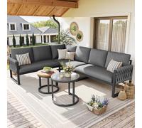 Juego de muebles de jardín con patas ajustables, cojines impermeables y extraíbles, juego de salón de jardín para 5-6 personas, modular para balcón, jardín, terraza, incluye todos los cojines de