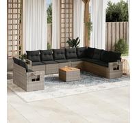 Juego de muebles de jardín de 11 piezas con cojines, PE ratán gris con diseño modular y bolsa de almacenamiento impermeable, mesa lateral elevadora de gas, tablero de madera de acacia