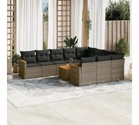 Juego de muebles de jardín de 11 piezas con cojines, ratán gris PE, mesa con encimera de acacia, kit de asientos modular con contenedor y bolsa impermeable