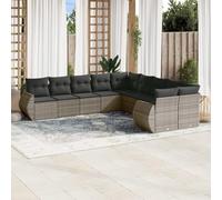 Juego de muebles de jardín de 11 piezas con cojines, ratán gris PE, ocio modular con tapa de vidrio y almacenamiento