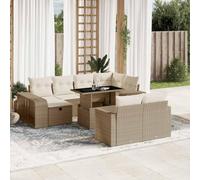 Juego de muebles de jardín de 11 piezas con cojines, ratán sintético beige, sofá de jardín con mesa ajustable y reposapiés